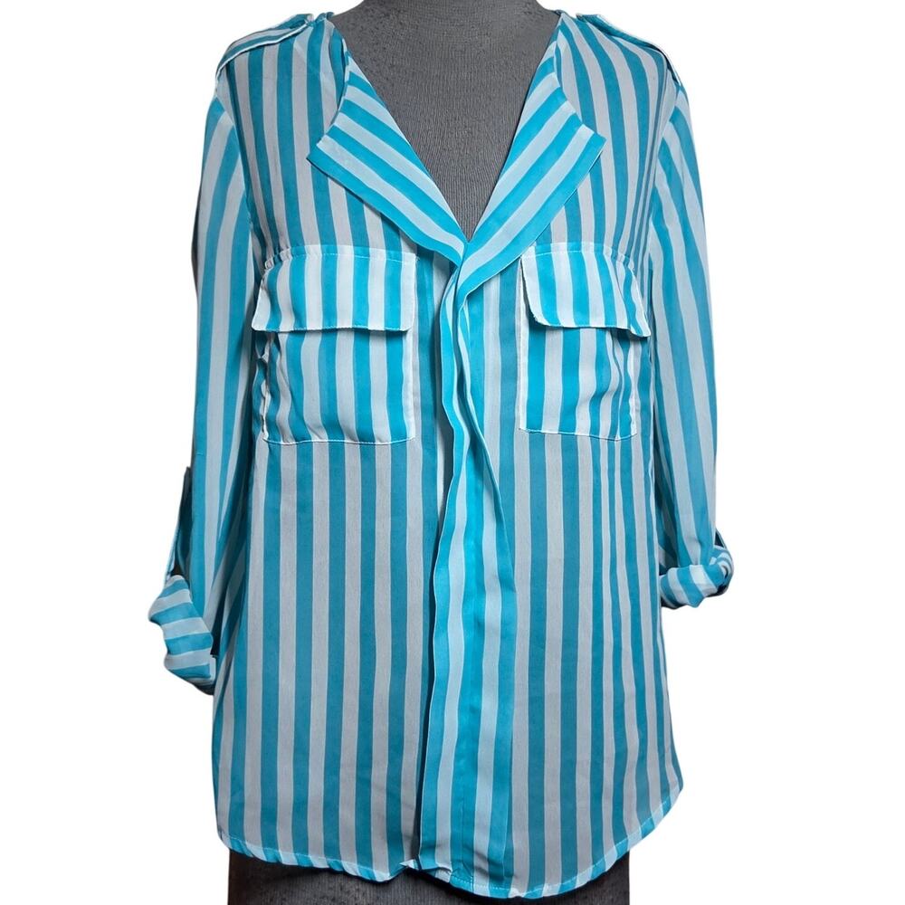 Striped Roll Tab Sleeve Blouse Size Medium